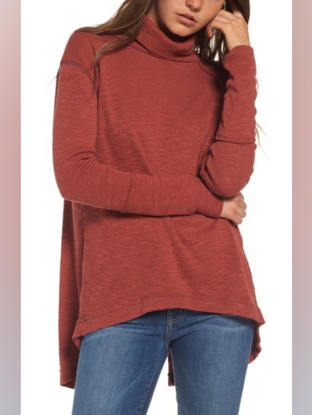 Free People Split Back Raw Hem Turtleneck Relax Fit Sienna Red Size Small New